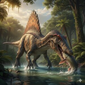 Spinosaurus hunting giant fish in shallow water, sail on back clearly visible, semi-aquatic pose, dramatic sunlight, hyper-realistic, nature documentary style
