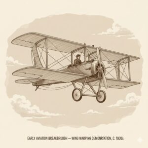 Early 1900s wooden airplane in flight demonstrating wing warping, wings slightly twisted for control, Wright brothers era aircraft, visible control cables, scientific aviation experiment, clear sky, realistic historical illustration, educational style, ultra-detailed, cinematic lighting, early aviation breakthrough