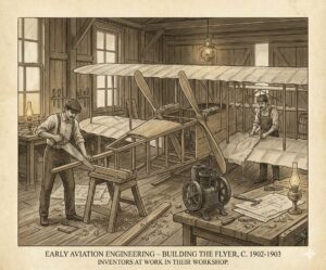 Early 1900s crowd watching a fragile wooden airplane flying low above a field, amazed spectators in old-fashioned clothing, Wright brothers flying demonstration, historic aviation moment, cloudy sky, emotional expressions, realistic historical recreation, cinematic lighting, ultra-detailed, educational illustration